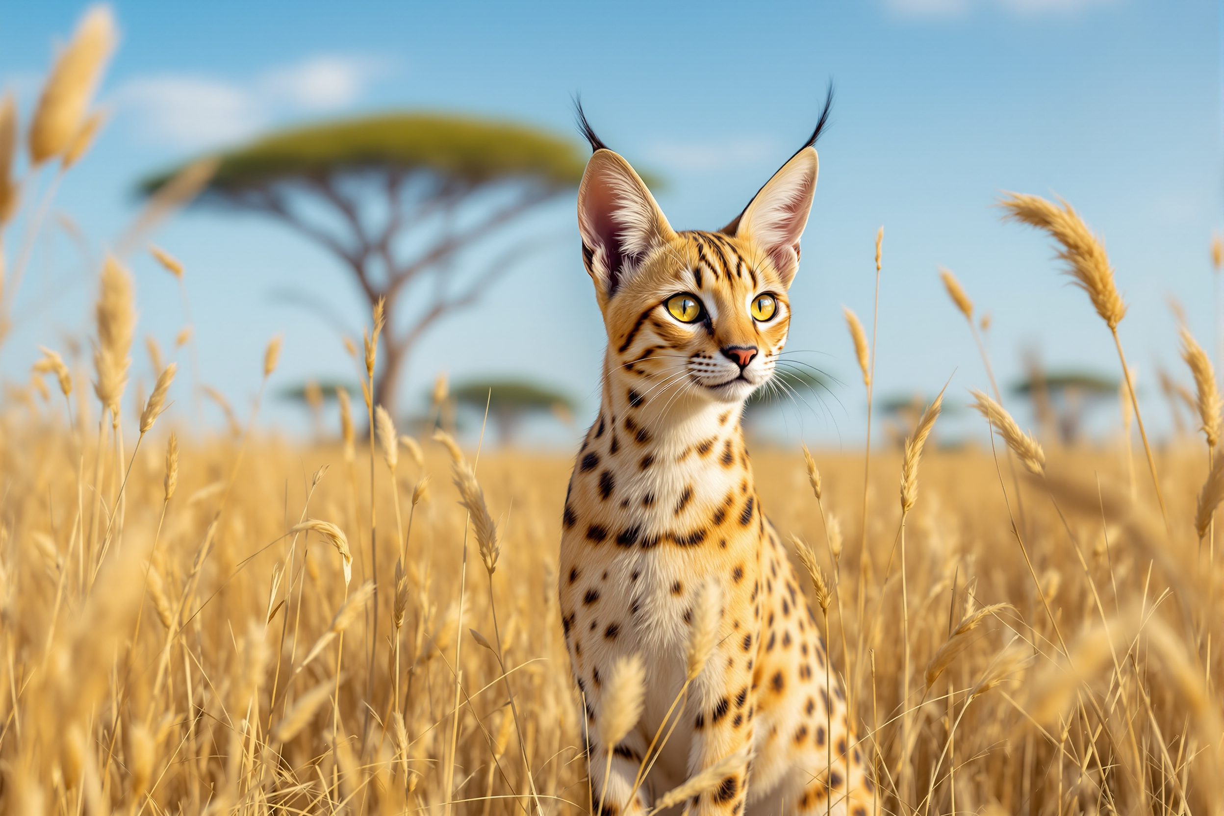 Serval standing alert in tall grass
