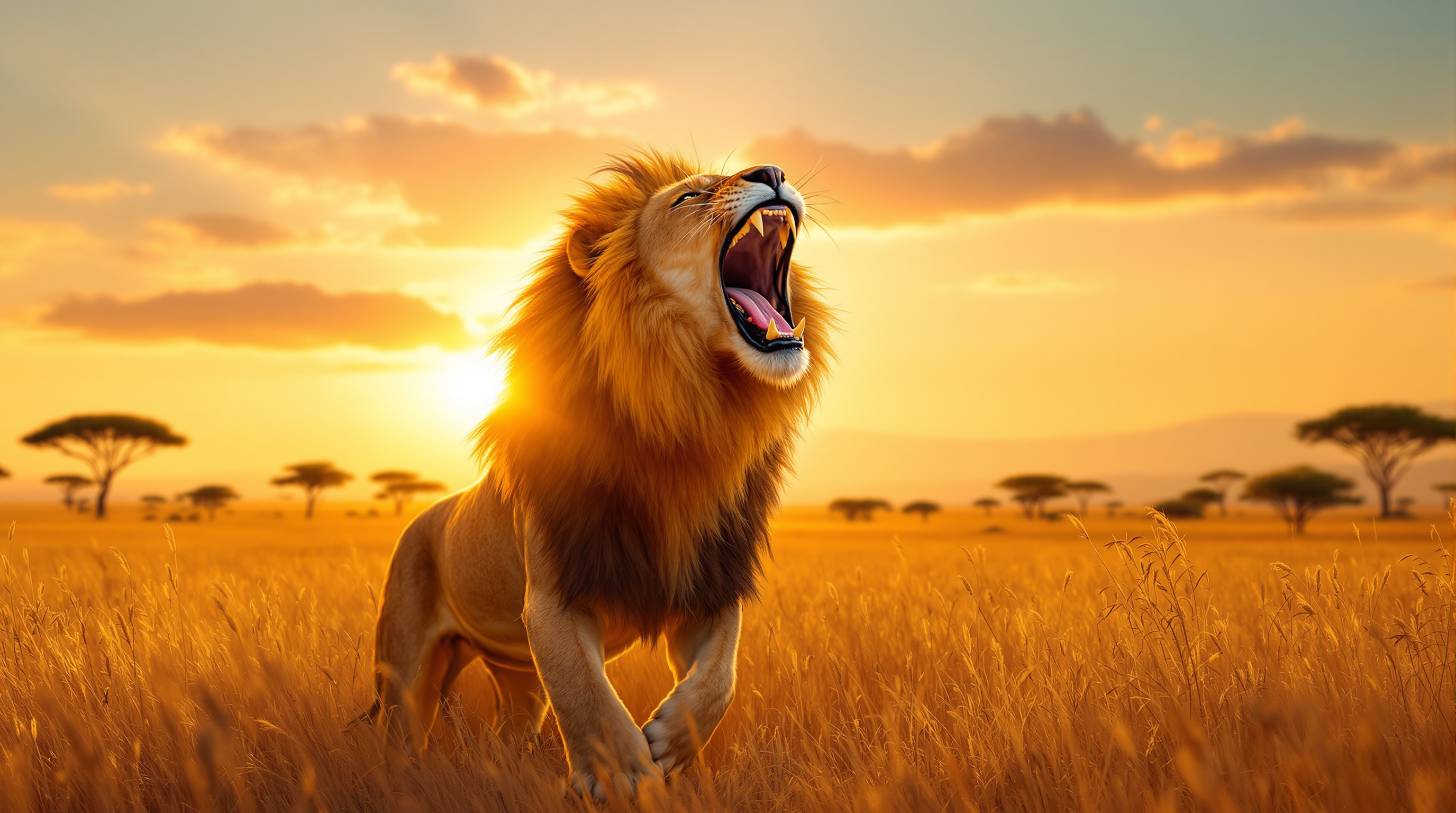 Male lion roaring on the savanna at sunrise