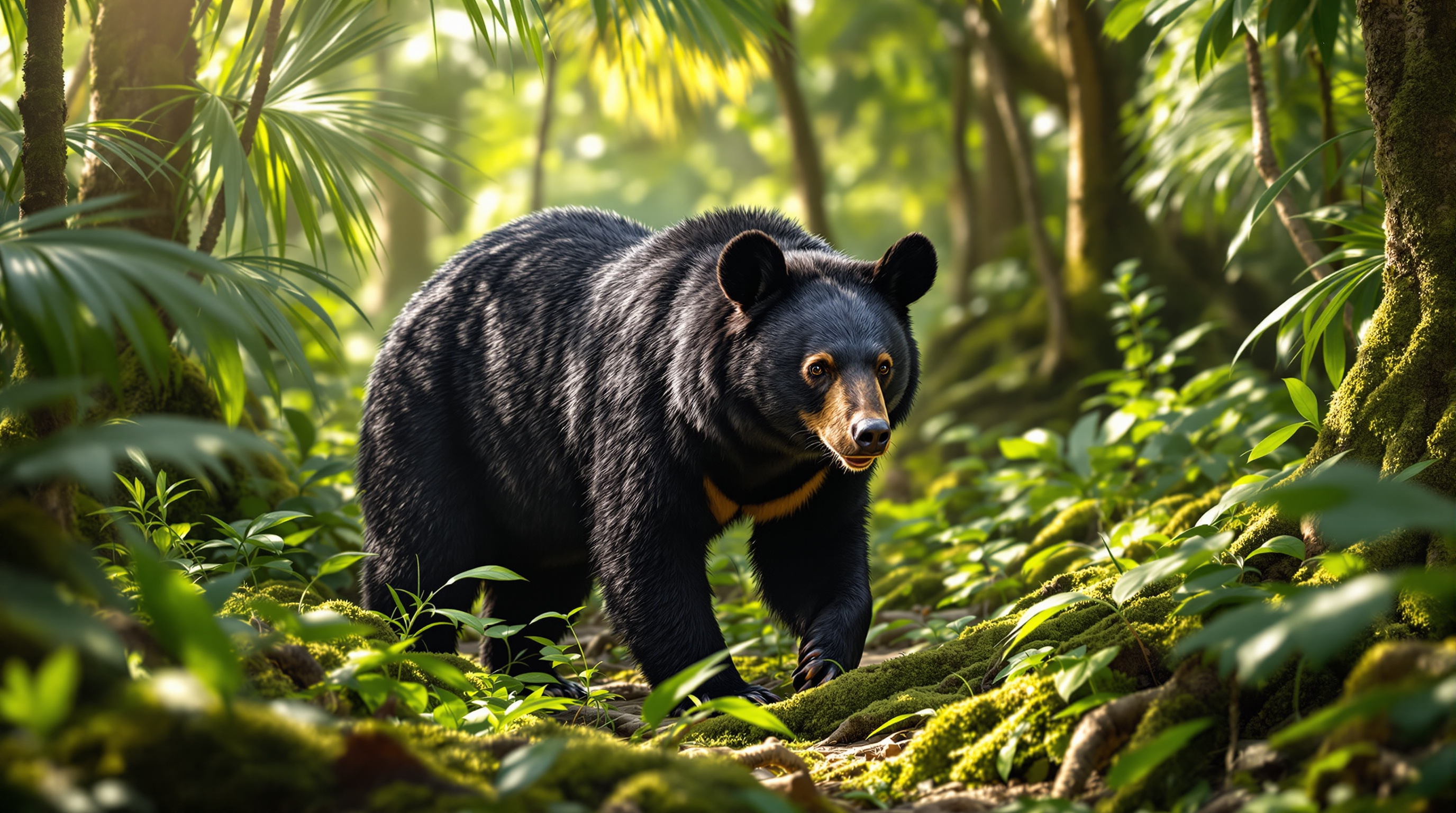 A Florida black bear walking through subtropical forest