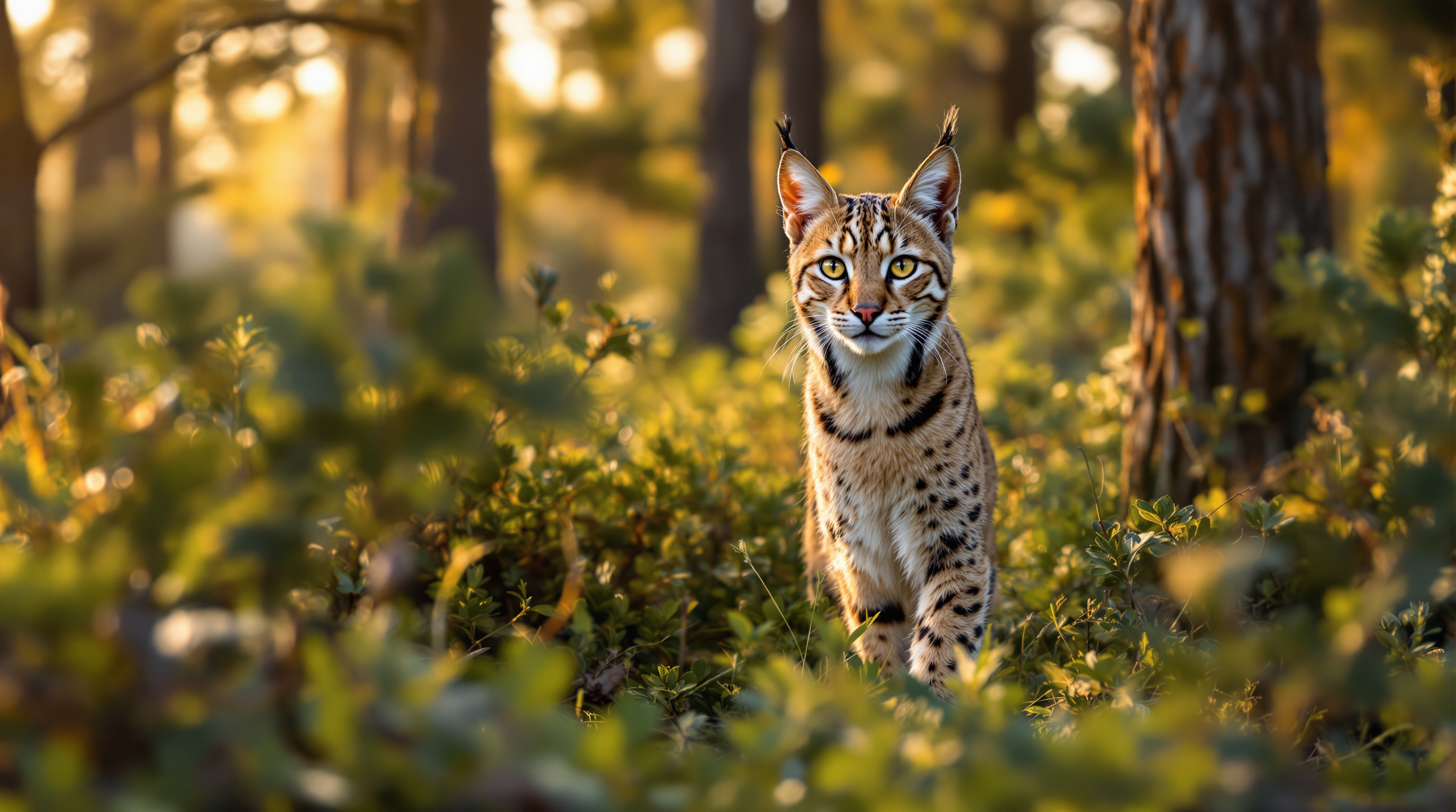 Bobcat standing among Florida palmetto and pine