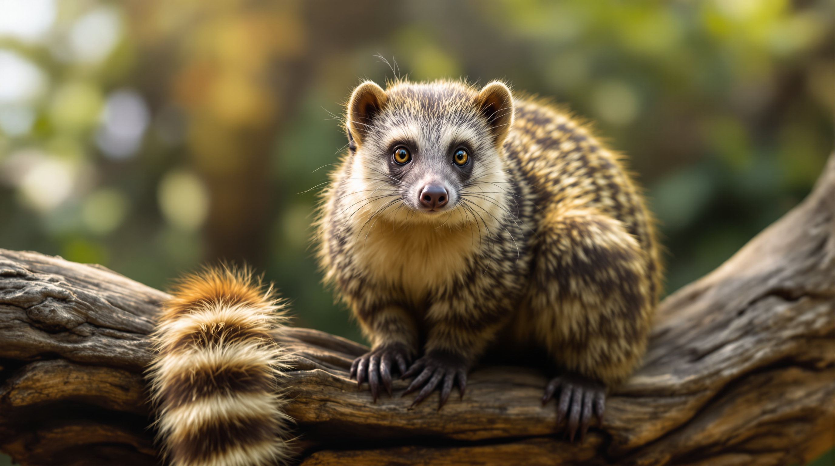 Coatimundi perched on a branch in dappled light