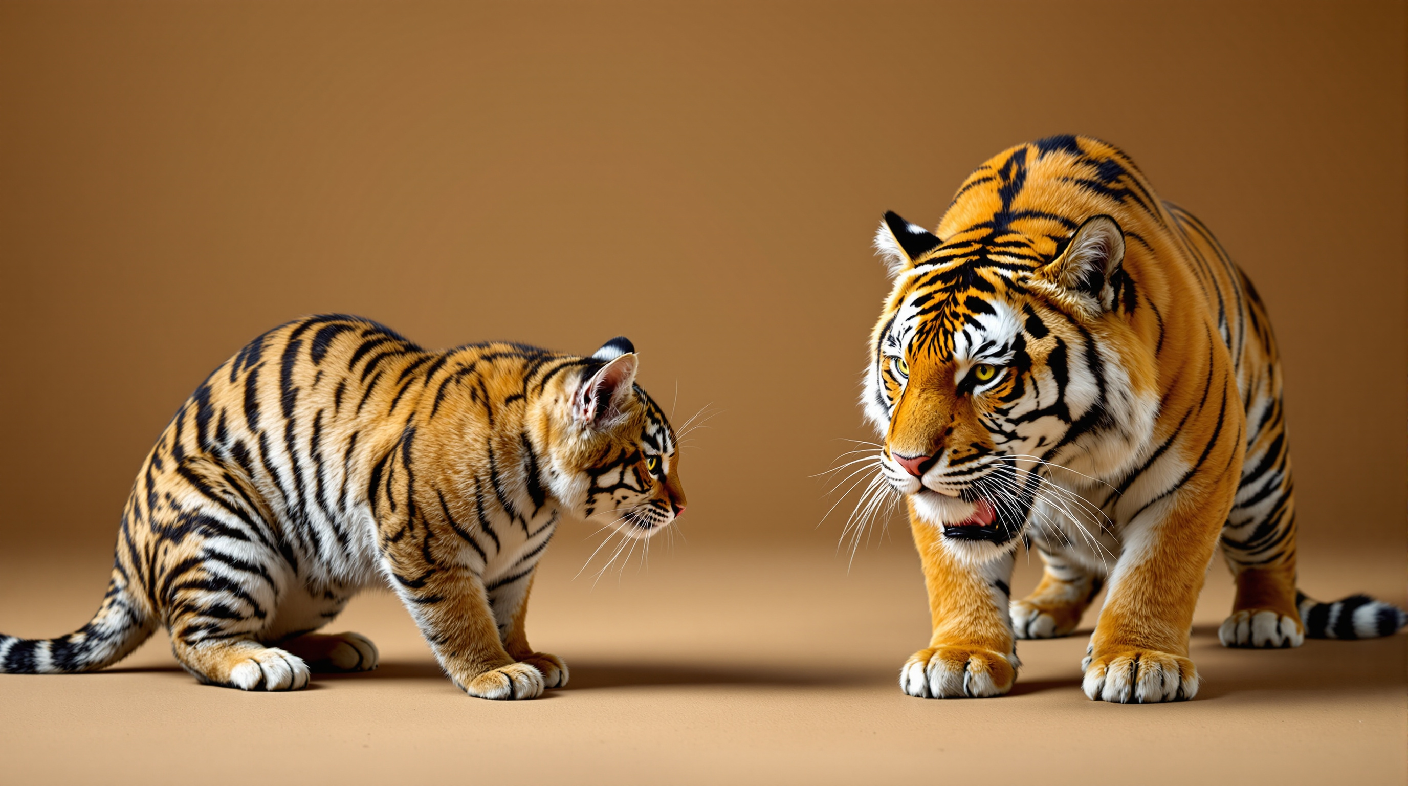 A house cat and a tiger in the same alert crouch