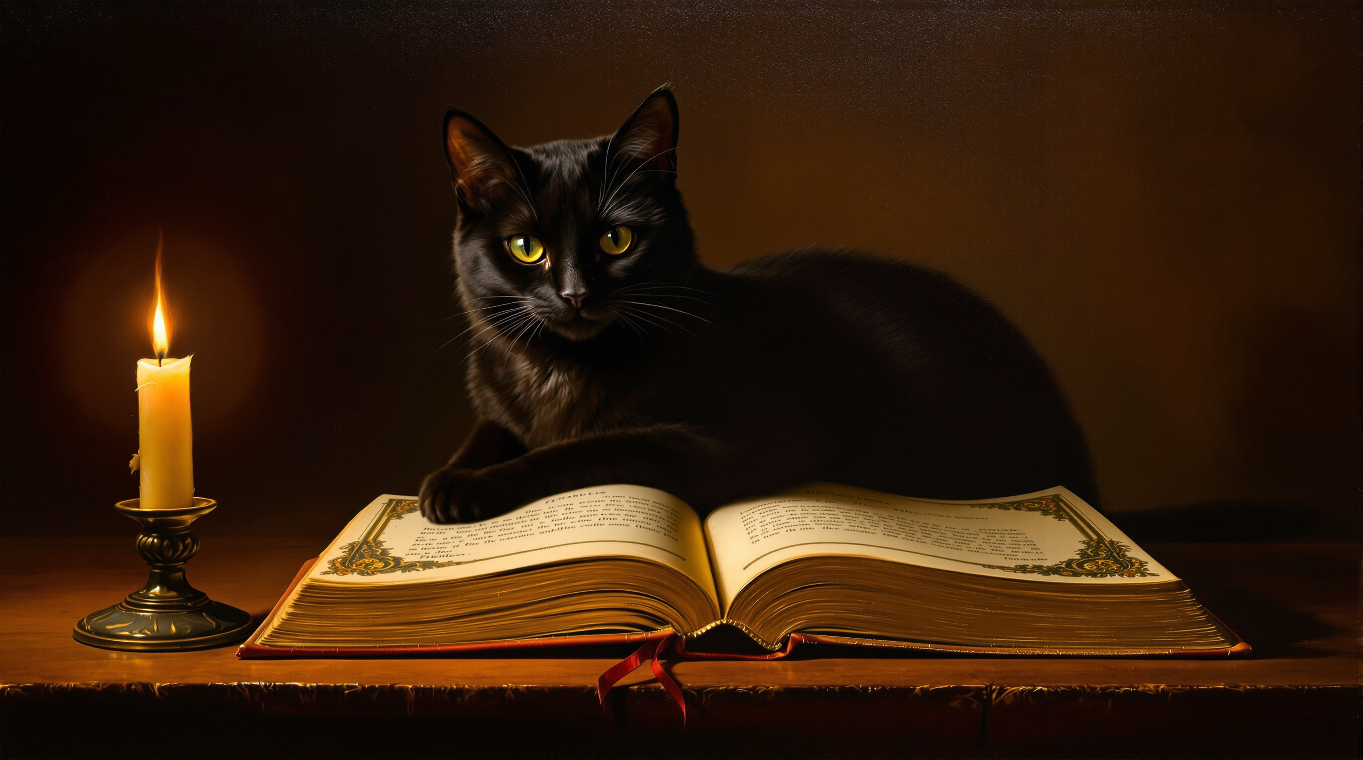 An elegant cat beside an antique book of fables in candlelight