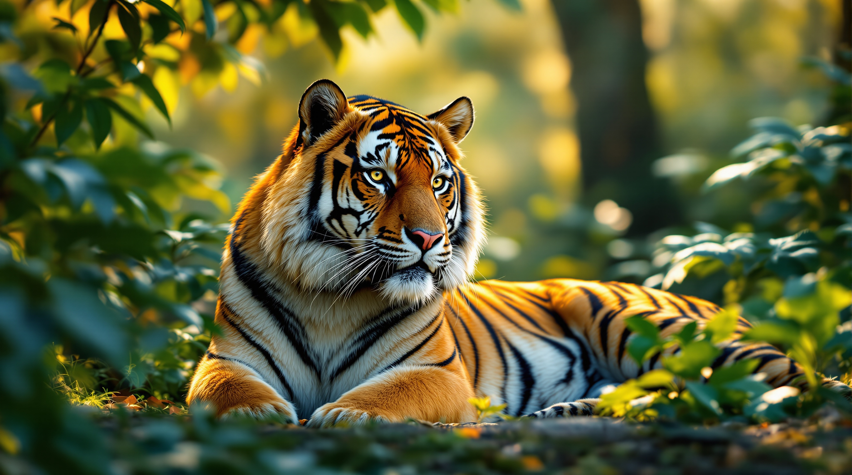 Adult tiger resting in warm forest light