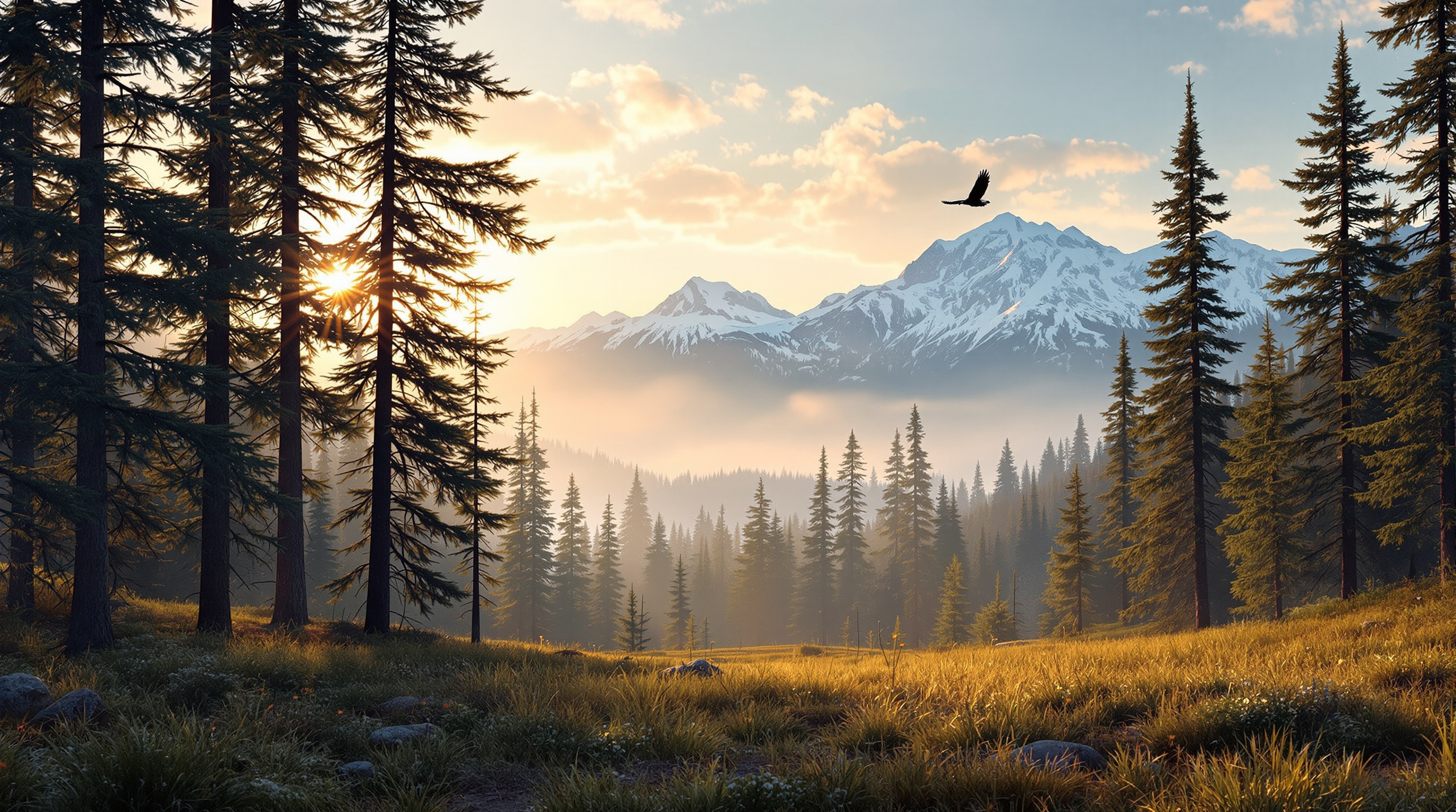 North American wilderness at dawn with a soaring eagle