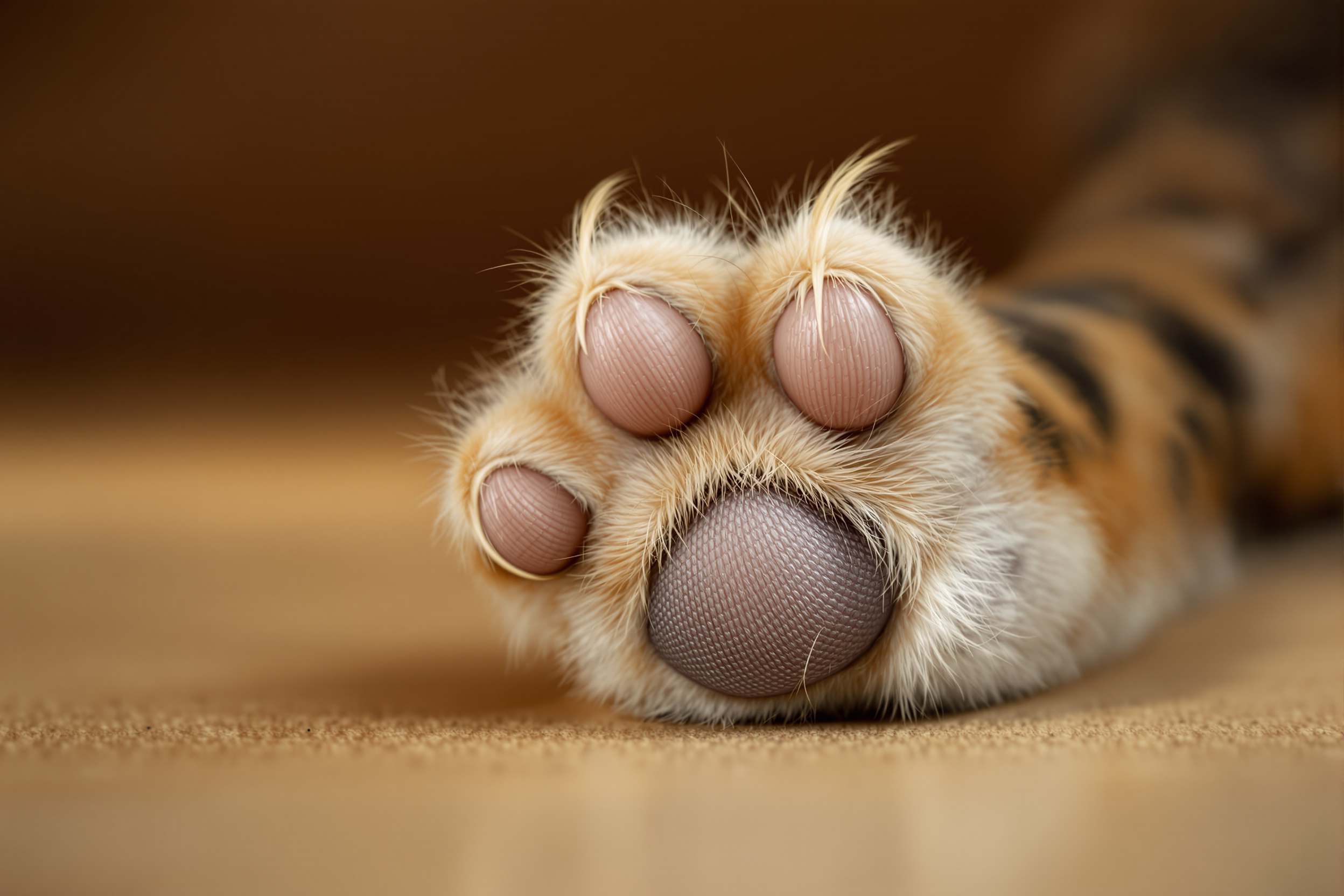 Close-up of a cat's paw showing pads and claws