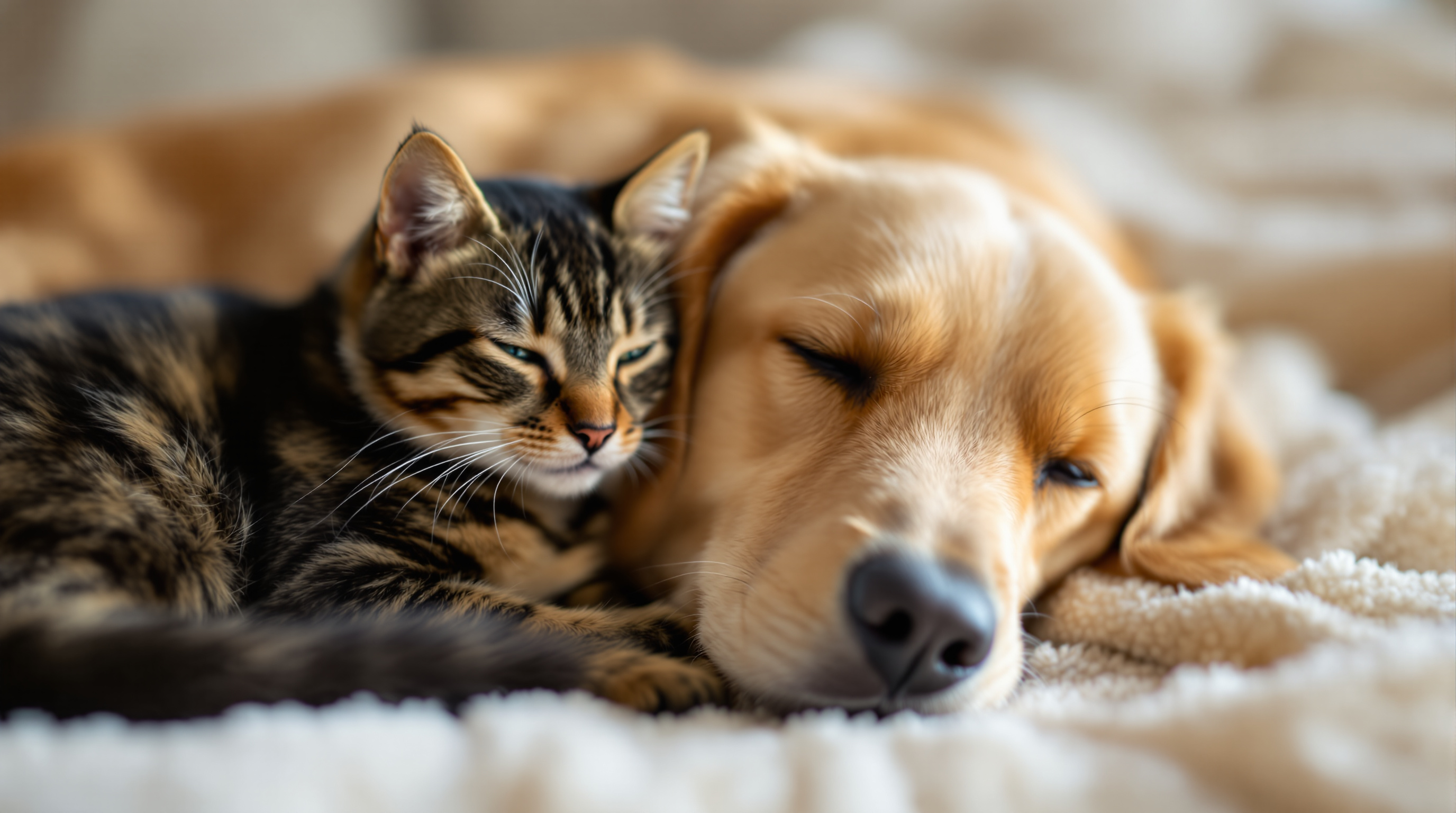 A dog and cat resting together on a blanket