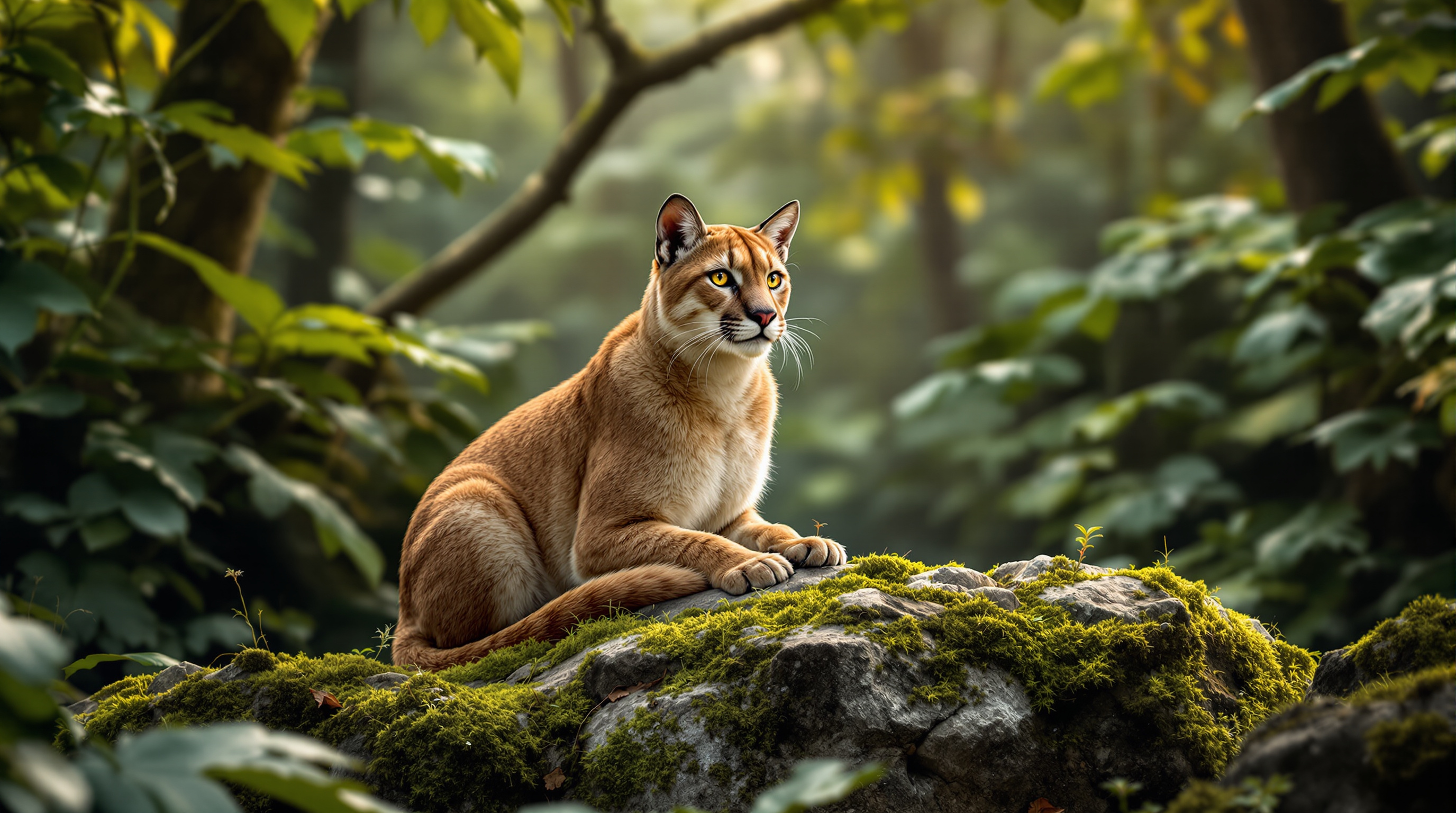 Cougar sitting calmly on a rock in forest