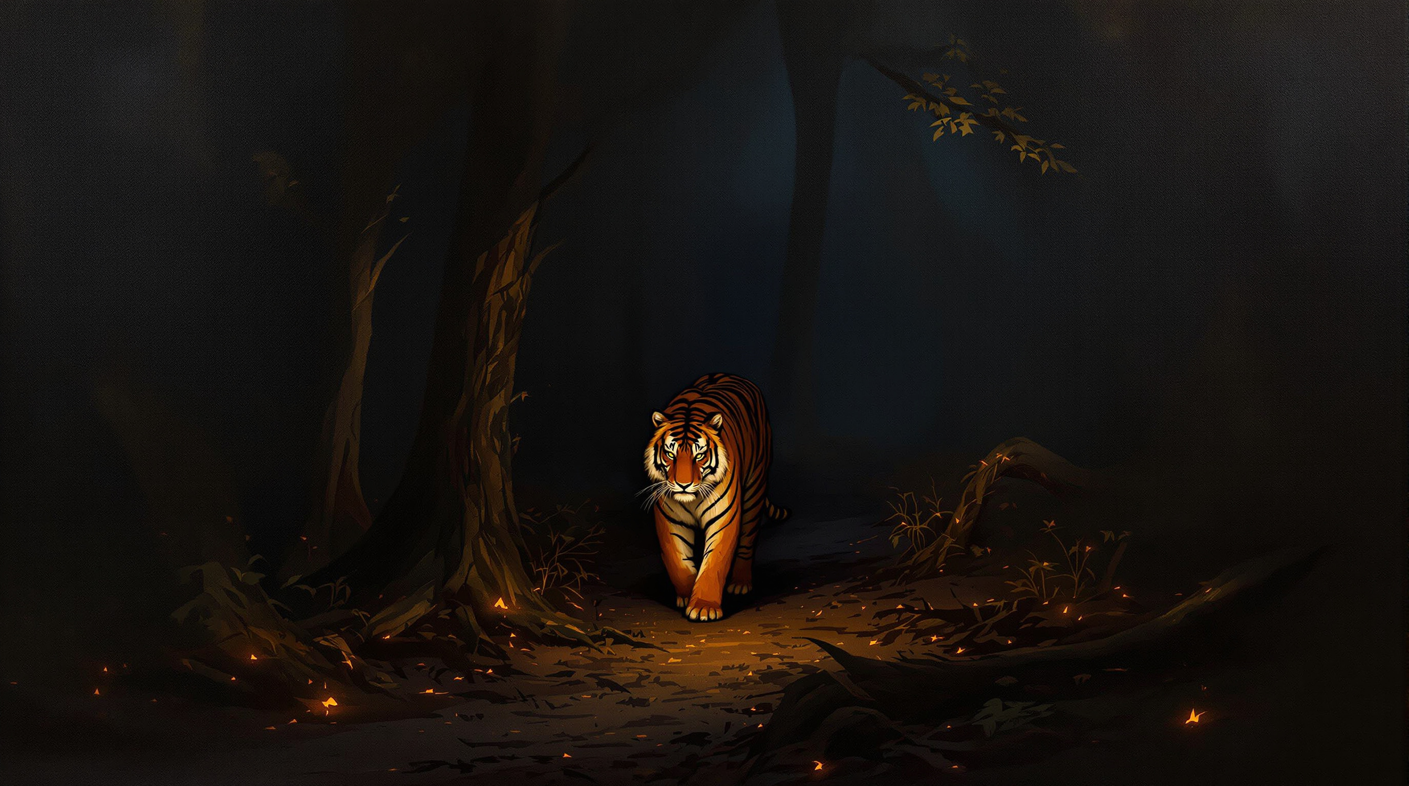 A tiger in a dark forest lit by glowing embers, painterly style